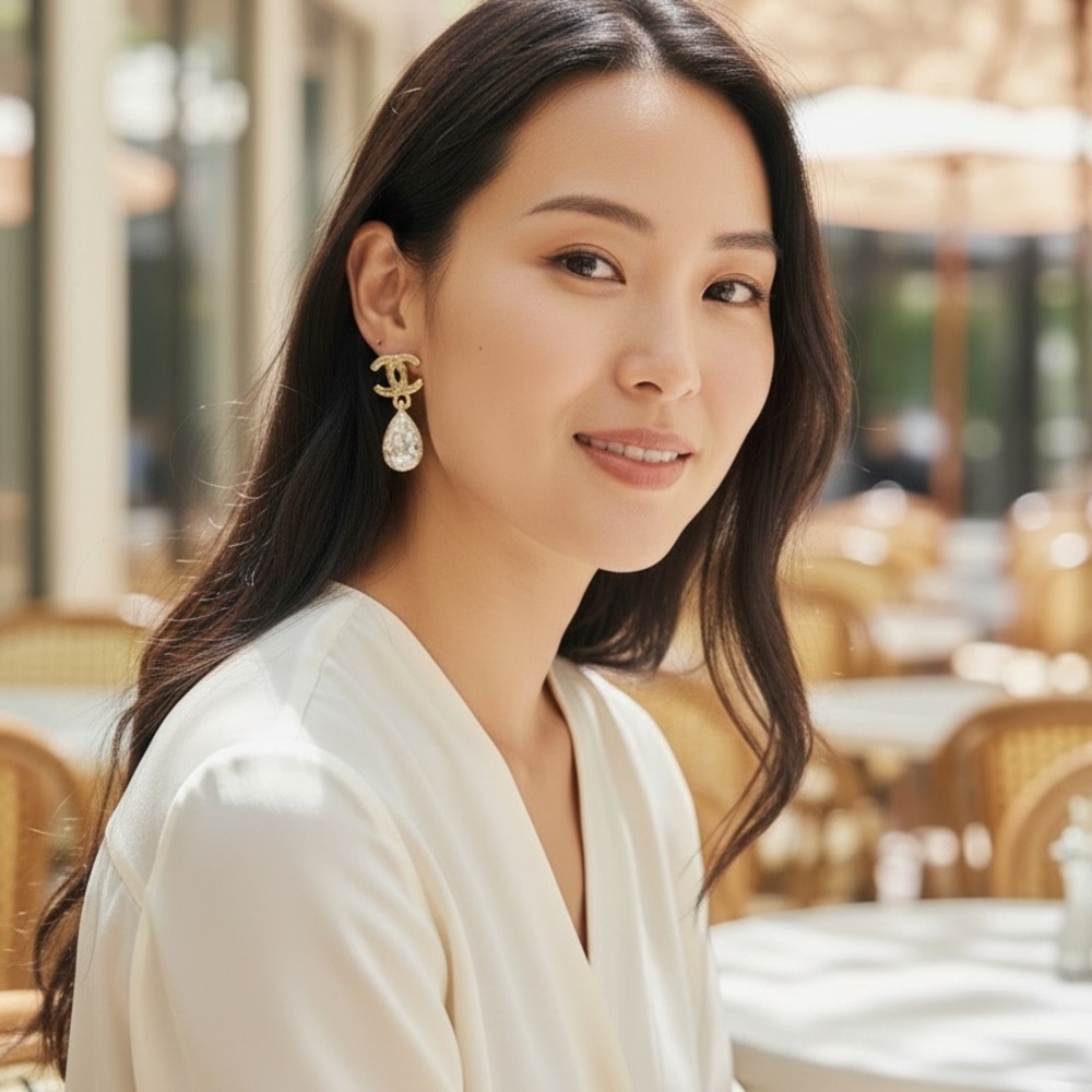 CHANEL Gold Logo Earrings with Teardrop Pearl
